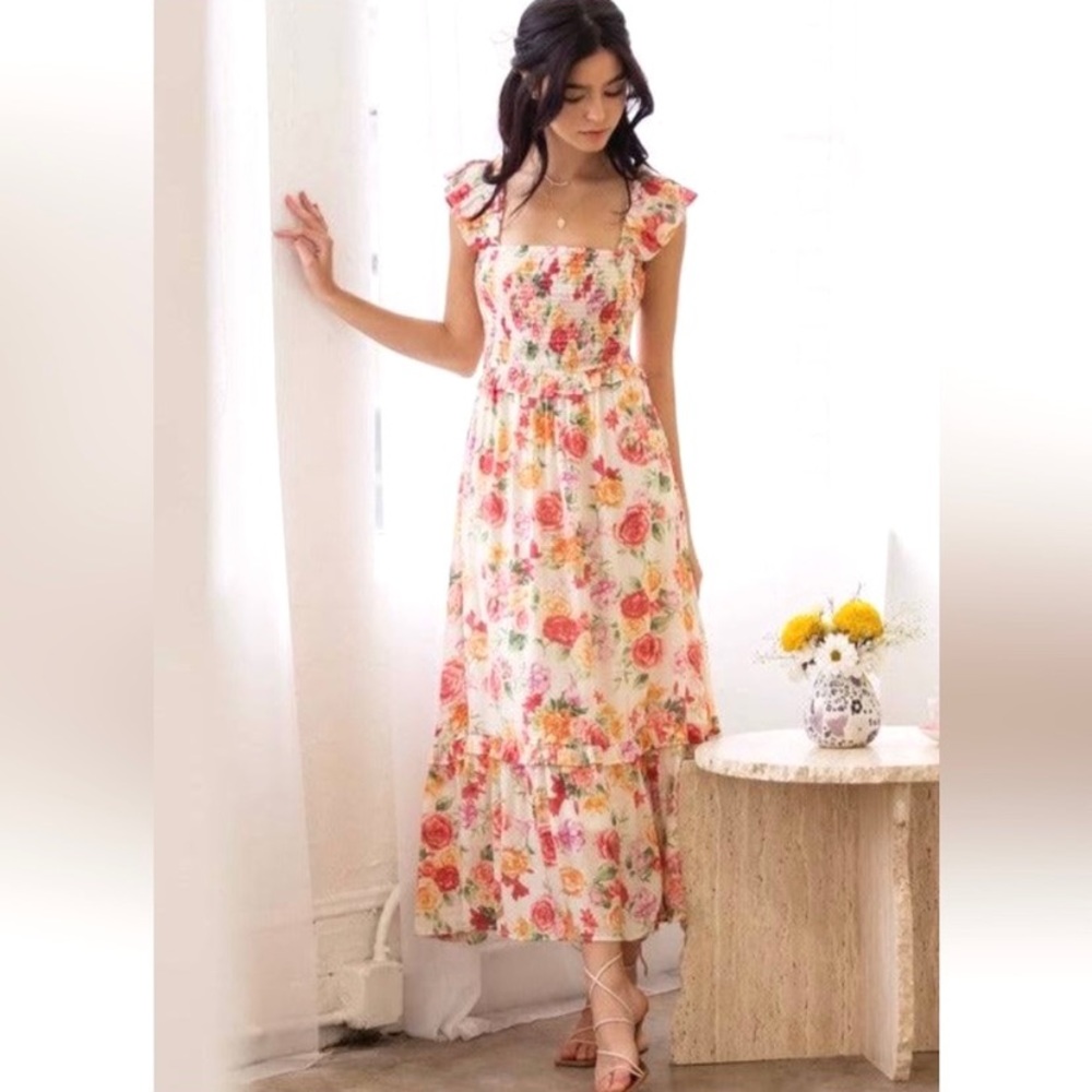 NWT Blu Pepper Floral Flutter Sleeve Tiered Midi Dress Medium Rose Tropical